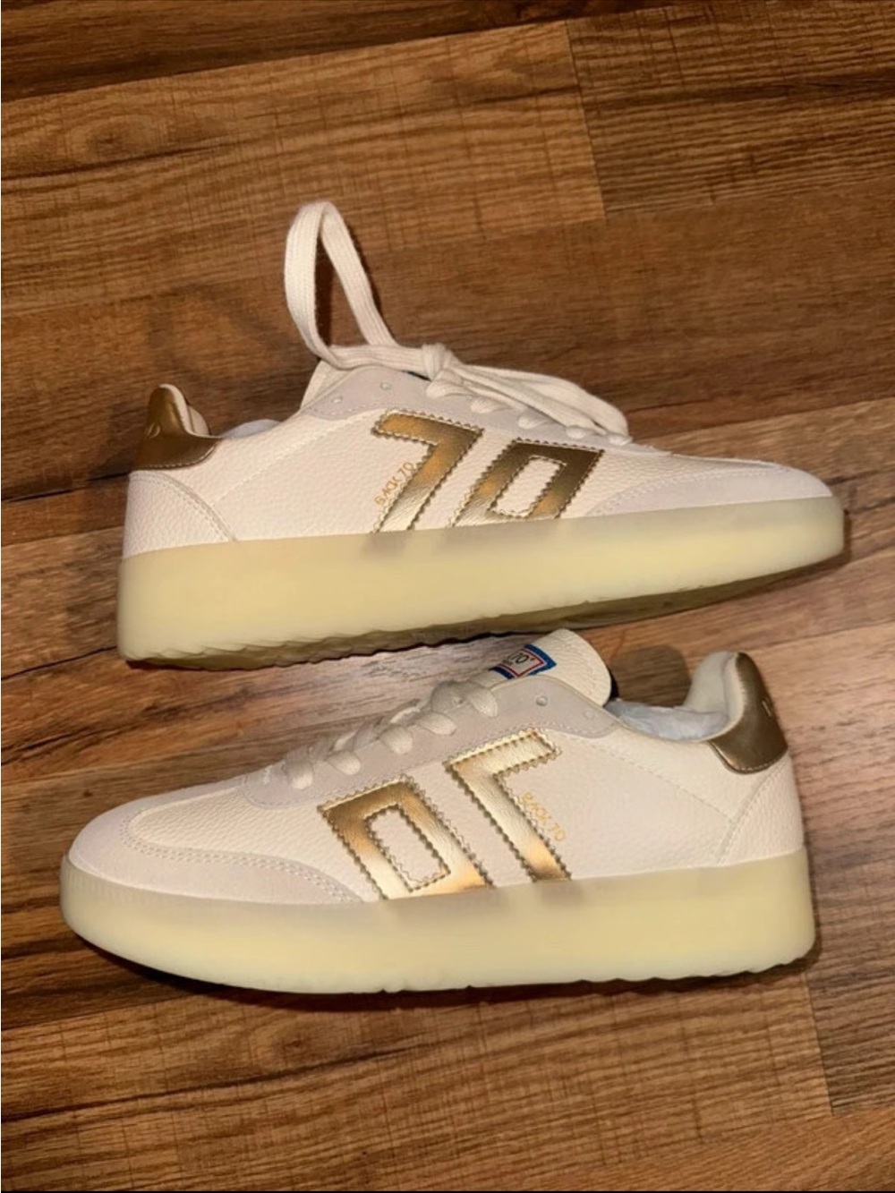 Women’s White Sneakers with Metallic Gold Accents